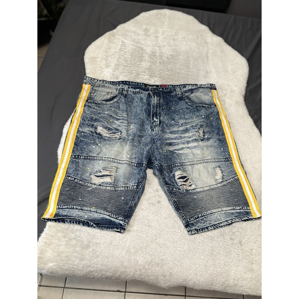 Makobi Denim Shorts W/ Yellow Stripe Size 50 Distressed Moto Streetwear‎